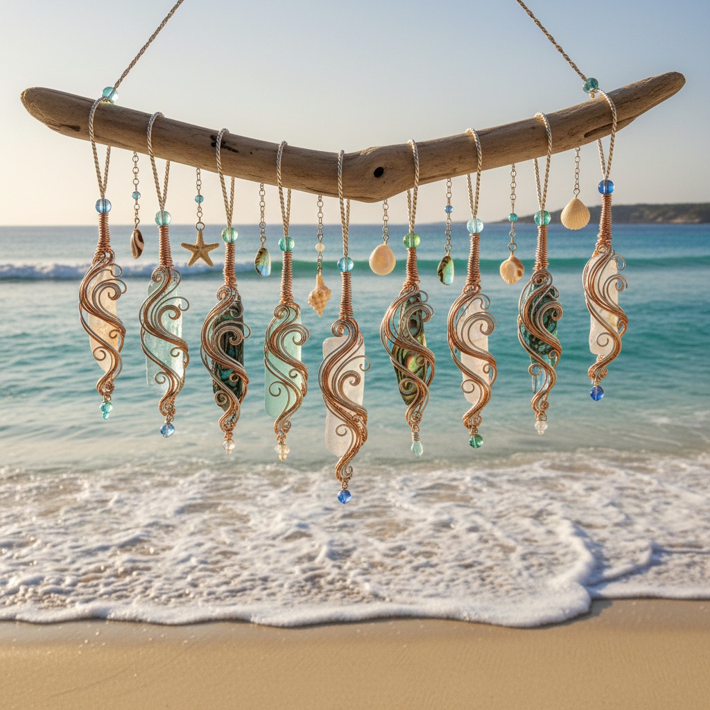 Driftwood wind chime with wire-wrapped sea glass and shells hanging above a beach.